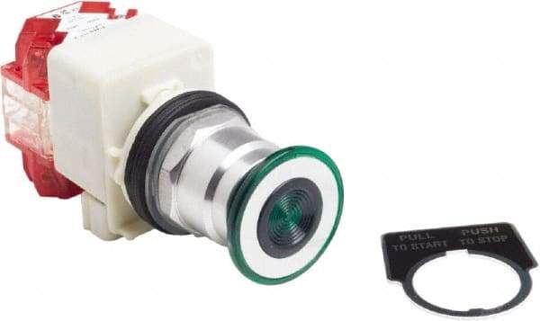 Schneider Electric - 30mm Mount Hole, Extended Straight, Pushbutton Switch with Contact Block - Green Pushbutton, Maintained (MA), Momentary (MO) - Exact Industrial Supply