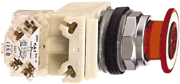 Schneider Electric - 30mm Mount Hole, Extended Straight, Pushbutton Switch with Contact Block - Red Pushbutton, Maintained (MA) - Exact Industrial Supply