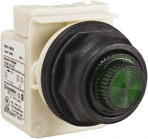 Schneider Electric - 120 V Green Lens Indicating Light - Round Lens, Screw Clamp Connector, Corrosion Resistant, Dust Resistant, Oil Resistant - Exact Industrial Supply