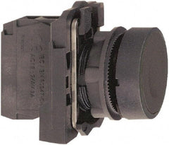 Schneider Electric - 22mm Mount Hole, Flush, Pushbutton Switch with Contact Block - Round, Black Pushbutton, Momentary (MO) - Exact Industrial Supply