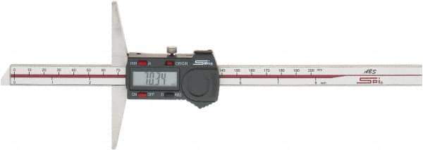 SPI - 0mm to 200mm ABS Plastic (Case) Electronic Depth Gage - 0.03mm Accuracy, 0.01mm Resolution, 4" Base Length - Exact Industrial Supply