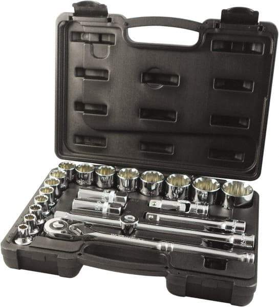 Paramount - 22 Piece 1/2" Drive Chrome Finish Socket Set - 12 Points, 5/16" to 1-1/4" Range, Inch Measurement Standard - Exact Industrial Supply