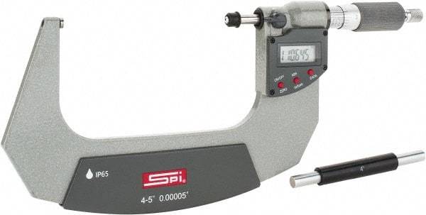 SPI - 4 to 5" Range, 0.00005" Resolution, Double Ratchet IP65 Electronic Outside Micrometer - 0.0002" Accuracy, Ratchet-Friction Thimble, Carbide Face, CR2032 Battery, Includes NIST Traceable Certification of Inspection - Exact Industrial Supply