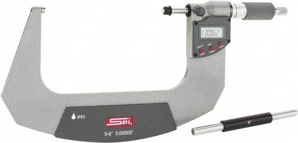 SPI - 5 to 6" Range, 0.00005" Resolution, Double Ratchet IP65 Electronic Outside Micrometer - 0.0002" Accuracy, Ratchet-Friction Thimble, Carbide Face, CR2032 Battery, Includes NIST Traceable Certification of Inspection - Exact Industrial Supply