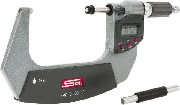 SPI - 3 to 4" Range, 0.00005" Resolution, Double Ratchet IP65 Electronic Outside Micrometer - 0.0002" Accuracy, Ratchet-Friction Thimble, Carbide Face, CR2032 Battery, Includes NIST Traceable Certification of Inspection - Exact Industrial Supply