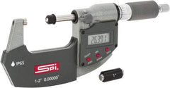 SPI - 1 to 2" Range, 0.00005" Resolution, Double Ratchet IP65 Electronic Outside Micrometer - 0.0002" Accuracy, Ratchet-Friction Thimble, Carbide Face, CR2032 Battery, Includes NIST Traceable Certification of Inspection - Exact Industrial Supply
