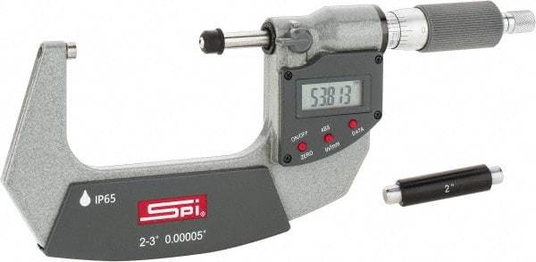 SPI - 2 to 3" Range, 0.00005" Resolution, Double Ratchet IP65 Electronic Outside Micrometer - 0.0002" Accuracy, Ratchet-Friction Thimble, Carbide Face, CR2032 Battery, Includes NIST Traceable Certification of Inspection - Exact Industrial Supply