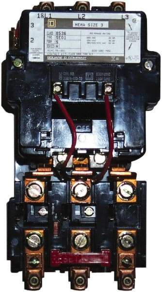 Square D - 440 Coil VAC at 50 Hz, 480 Coil VAC at 60 Hz, 90 Amp, NEMA Size 3, Nonreversible Open Enclosure NEMA Motor Starter - 3 Phase hp: 25 at 200 VAC, 30 at 230 VAC, 50 at 460 VAC, 50 at 575 VAC - Exact Industrial Supply