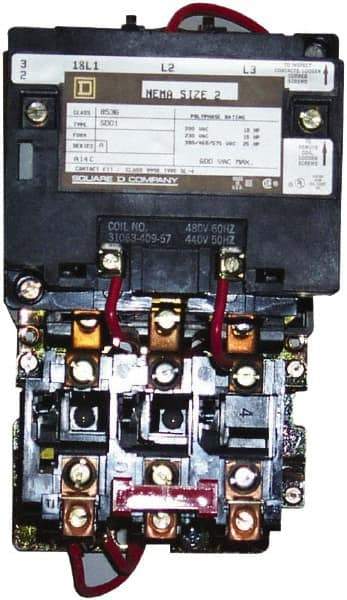 Square D - 110 Coil VAC at 50 Hz, 120 Coil VAC at 60 Hz, 45 Amp, NEMA Size 2, Nonreversible Open Enclosure NEMA Motor Starter - 3 Phase hp: 10 at 200 VAC, 15 at 230 VAC, 25 at 460 VAC, 25 at 575 VAC - Exact Industrial Supply