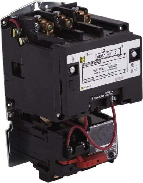 Square D - 208 Coil VAC at 60 Hz, 600 Coil VAC, 27 Amp, NEMA Size 1, Open Enclosure NEMA Motor Starter - 1 Phase hp: 7 1/2 at 200 Volt, 7 1/2 at 230 Volt, 3 Phase hp: 10 at 460 Volt, 10 at 575 Volt - Exact Industrial Supply