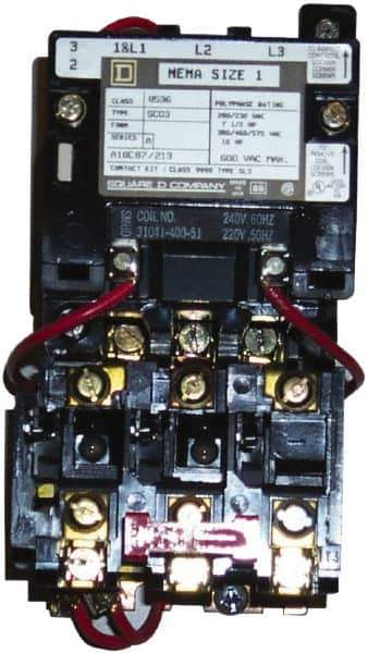 Square D - 24 Coil VAC at 60 Hz, 27 Amp, NEMA Size 1, Nonreversible Open Enclosure NEMA Motor Starter - 3 Phase hp: 10 at 460 VAC, 10 at 575 VAC, 7-1/2 at 200 VAC, 7-1/2 at 230 VAC - Exact Industrial Supply