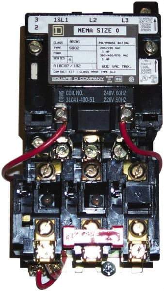 Square D - 220 Coil VAC at 50 Hz, 240 Coil VAC at 60 Hz, 18 Amp, Nonreversible Open Enclosure NEMA Motor Starter - 3 Phase hp: 3 at 200 VAC, 3 at 230 VAC, 5 at 460 VAC, 5 at 575 VAC - Exact Industrial Supply