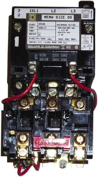 Square D - 220 Coil VAC at 50 Hz, 240 Coil VAC at 60 Hz, 9 Amp, Nonreversible Open Enclosure NEMA Motor Starter - 1 Phase hp: 1 at 230 VAC, 1/3 at 115 VAC - Exact Industrial Supply