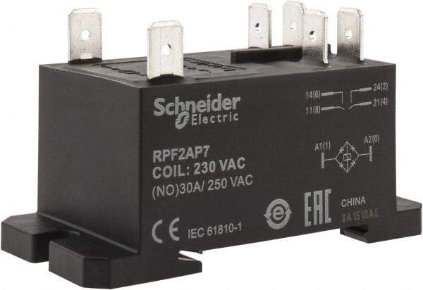 Schneider Electric - 7,500 VA Power Rating, Electromechanical Plug-in General Purpose Relay - 20 Amp at 28 VDC, 25 at 28 VDC, 30 at 250/277 VAC, 2NO, 230 VAC - Exact Industrial Supply