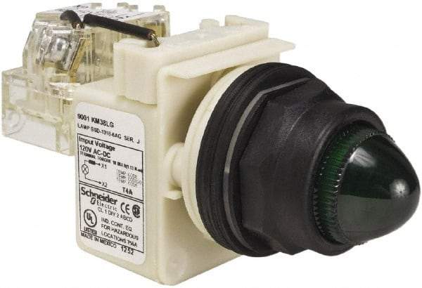 Schneider Electric - 120 V Green Lens LED Press-to-Test Indicating Light - Round Lens, Screw Clamp Connector, Corrosion Resistant, Dust Resistant, Oil Resistant - Exact Industrial Supply