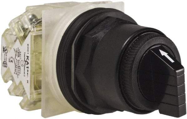 Schneider Electric - 1.18 Inch Mount Hole, 3 Position, Knob and Pushbutton Operated, Selector Switch - Black, Maintained (MA), Anticorrosive, Weatherproof, Dust and Oil Resistant - Exact Industrial Supply