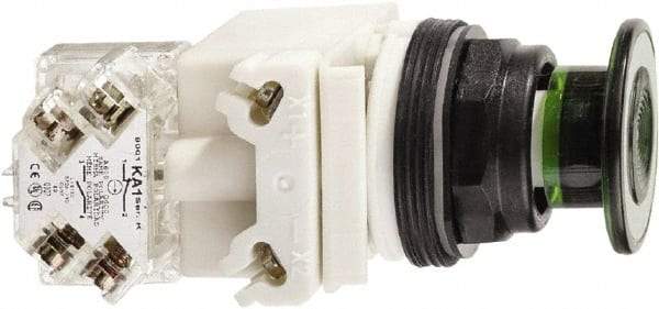 Schneider Electric - 30mm Mount Hole, Extended Straight, Pushbutton Switch with Contact Block - Green Pushbutton, Maintained (MA) - Exact Industrial Supply