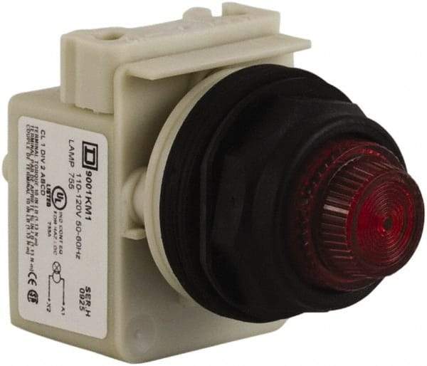 Schneider Electric - 110 VAC at 50/60 Hz via Transformer, 120 VAC at 50/60 Hz via Transformer Red Lens Indicating Light - Round Lens, Screw Clamp Connector, Corrosion Resistant, Dust Resistant, Oil Resistant - Exact Industrial Supply