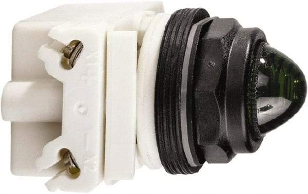 Schneider Electric - 120 VAC/VDC Green Lens Incandescent Pilot Light - Round Lens, Screw Clamp Connector, 54mm OAL x 42mm Wide, Vibration Resistant - Exact Industrial Supply