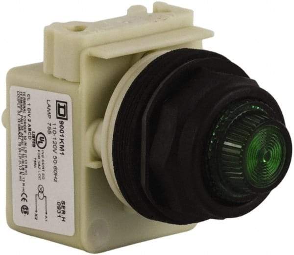 Schneider Electric - 110 VAC at 50/60 Hz via Transformer, 120 VAC at 50/60 Hz via Transformer Green Lens Indicating Light - Round Lens, Screw Clamp Connector, Corrosion Resistant, Dust Resistant, Oil Resistant - Exact Industrial Supply