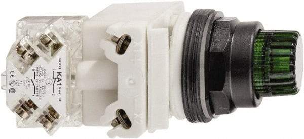 Schneider Electric - 30mm Mount Hole, Extended Straight, Pushbutton Switch with Contact Block - Green Pushbutton, Momentary (MO) - Exact Industrial Supply