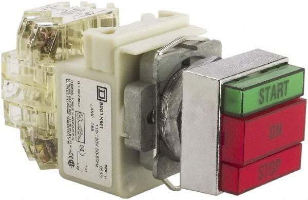 Schneider Electric - 30mm Mount Hole, Pushbutton Switch with Pilot Light - Rectangle, Green and Red Pushbutton, Illuminated, Momentary (MO), Start-On-Stop - Exact Industrial Supply