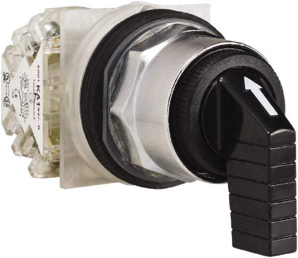 Schneider Electric - 30mm Mount Hole, 3 Position, Knob and Pushbutton Operated, Selector Switch - Black, Momentary (MO), NO/NC, Weatherproof and Dust and Oil Resistant - Exact Industrial Supply