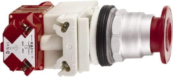 Schneider Electric - 30mm Mount Hole, Extended Straight, Pushbutton Switch with Contact Block - Red Pushbutton, Maintained (MA), Momentary (MO) - Exact Industrial Supply