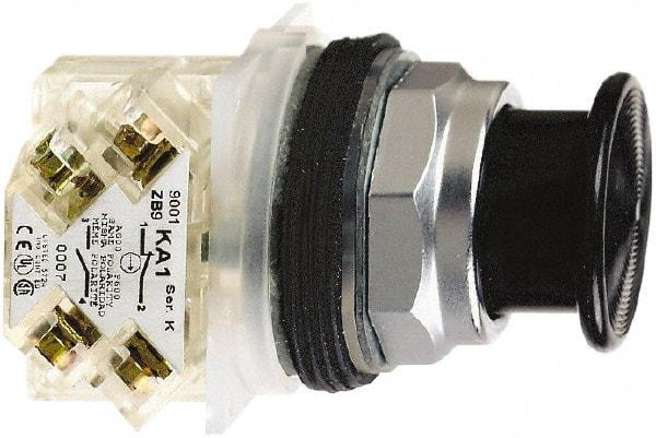 Schneider Electric - 30mm Mount Hole, Extended Mushroom Head, Pushbutton Switch with Contact Block - Round, Black Pushbutton, Momentary (MO) - Exact Industrial Supply