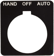 Schneider Electric - Square, Plastic Legend Plate - Hand-Off-Auto - Black Background, White Letters, 1.2 Inch Hole Diameter, 1-3/4 Inch Square - Exact Industrial Supply