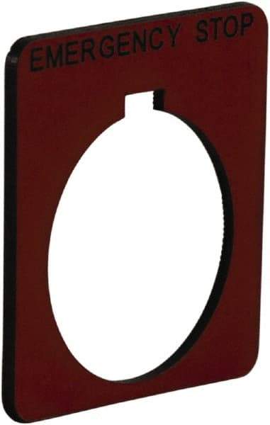 Schneider Electric - Square, Plastic Legend Plate - Emergency Stop - Red Background, Black Letters, 1.2 Inch Hole Diameter, 1-3/4 Inch Square - Exact Industrial Supply