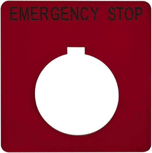 Schneider Electric - Square, Plastic Legend Plate - Emergency Stop - Red Background, Black Letters, 1.2 Inch Hole Diameter, 2-1/4 Inch Square - Exact Industrial Supply