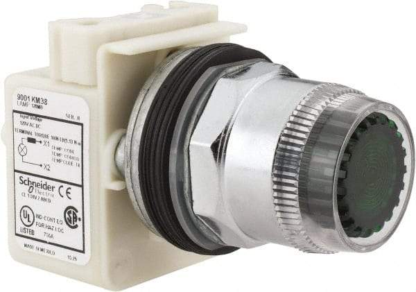 Schneider Electric - 1.18 Inch Mount Hole, Extended Straight, Pushbutton Switch Only - Round, Green Pushbutton, Illuminated, Momentary (MO), Weatherproof, Dust and Oil Resistant - Exact Industrial Supply