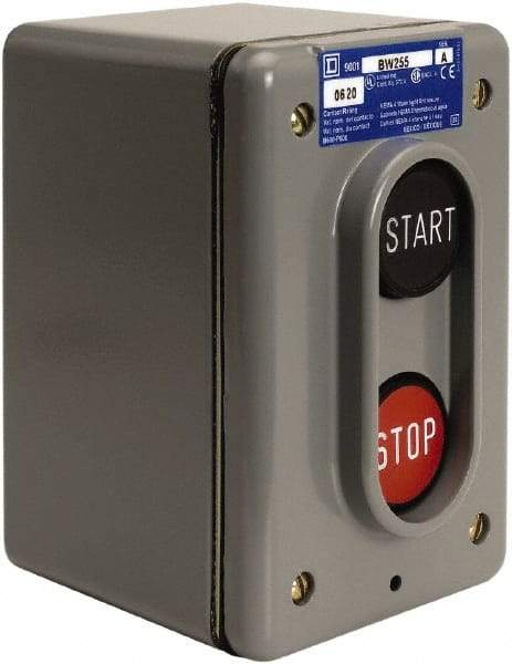 Schneider Electric - 2 Operator, Projecting Pushbutton Control Station - Start, Stop (Legend), Maintained Switch, 2NO Contact, NEMA 4 - Exact Industrial Supply