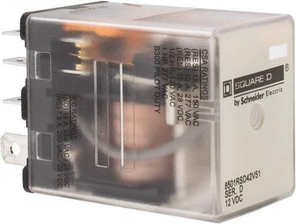 Square D - Electromechanical Plug-in General Purpose Relay - 10 Amp at 240 VAC, DPDT, 12 VDC - Exact Industrial Supply