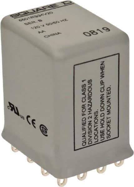 Square D - 1/6 hp at 120/240 Volt, Electromechanical Plug-in General Purpose Relay - 1 Amp at 240 VAC, 4PDT, 120 VAC at 50/60 Hz - Exact Industrial Supply