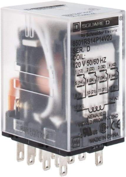 Square D - 1/6 hp at 120/240 Volt, Electromechanical Plug-in General Purpose Relay - 5 Amp at 240 VAC, 4PDT, 120 VAC at 50/60 Hz - Exact Industrial Supply