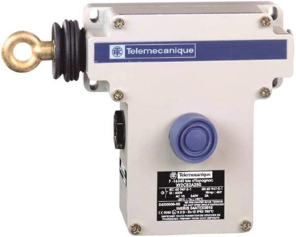 Telemecanique Sensors - 10 Amp, 2NC Configuration, Left Hand Operation, Rope Operated Limit Switch - Pushbutton Reset, Rope Pull, No Pilot Light, 300 VAC - Exact Industrial Supply