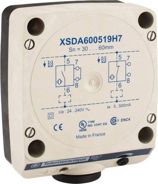 Telemecanique Sensors - NPN, PNP, NO/NC, 60mm Detection, Rectangular, Inductive Proximity Sensor - 2 Wires, IP67, 24 to 240 VAC, 80mm Wide - Exact Industrial Supply