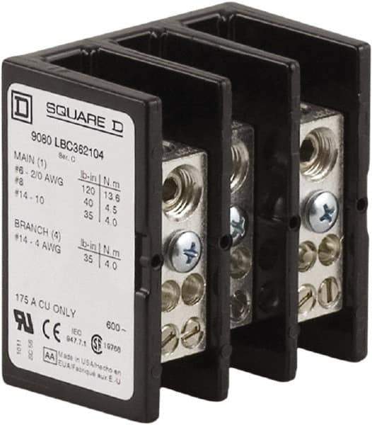 Square D - 3 Poles, 175 (Copper) Amp, Phenolic Power Distribution Block - 600 VAC, 1 Primary Connection - Exact Industrial Supply