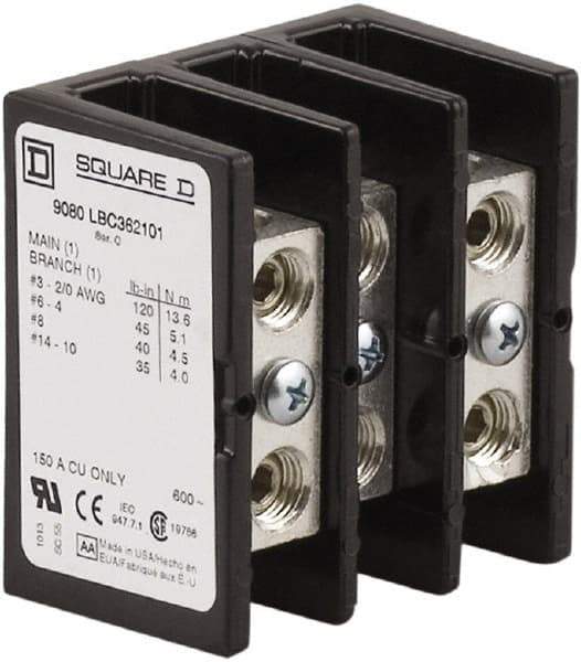 Square D - 3 Poles, 150 (Copper) Amp, Phenolic Power Distribution Block - 600 VAC, 1 Primary Connection - Exact Industrial Supply