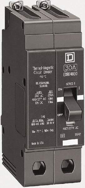 Square D - 30 Amp, 480Y/277 Volt, 2 Pole, Bolt On Miniature Circuit Breaker - 18 kA Breaking Capacity, 12, 14 AWG - Exact Industrial Supply