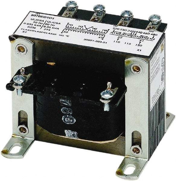 Square D - 50 VA, Top Mount Fuse Block Control Transformer - 60 Hz, 3.78 Inch Deep x 2.81 Inch High, 131°F Temp Rise - Exact Industrial Supply