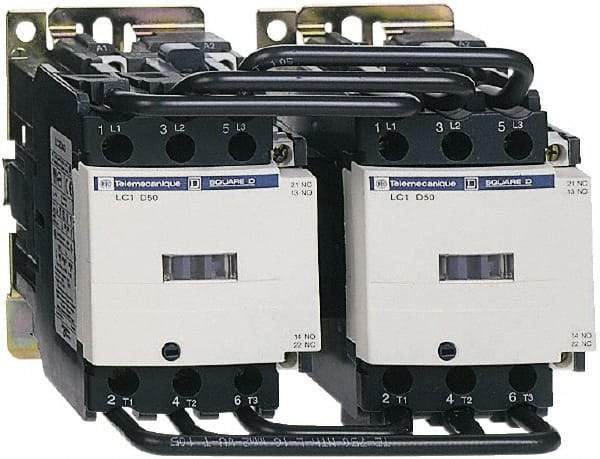 Schneider Electric - 3 Pole, 120 Coil VAC at 50/60 Hz, 50 Amp, Reversible IEC Contactor - Bureau Veritas, CCC, CSA, CSA C22.2 No. 14, DNV, EN/IEC 60947-4-1, EN/IEC 60947-5-1, GL, GOST, LROS, RINA, UL 508, UL Listed - Exact Industrial Supply