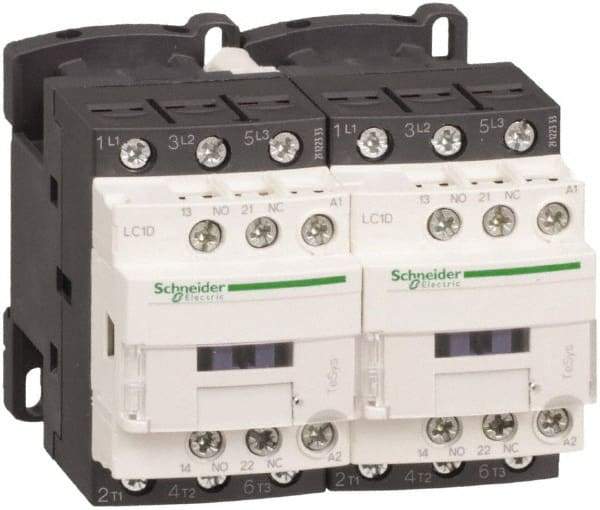 Schneider Electric - 3 Pole, 220 Coil VAC at 50/60 Hz, 12 Amp at 440 VAC, Reversible IEC Contactor - 1 Phase hp: 1 at 115 VAC, 2 at 230/240 VAC, 3 Phase hp: 10 at 575/600 VAC, 3 at 200/208 VAC, 3 at 230/240 VAC, 7.5 at 460/480 VAC - Exact Industrial Supply