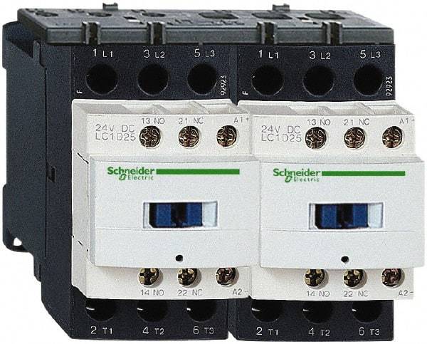 Schneider Electric - 3 Pole, 24 Coil VDC, 18 Amp at 440 VAC, Reversible IEC Contactor - 1 Phase hp: 1 at 115 VAC, 3 at 230/240 VAC, 3 Phase hp: 10 at 460/480 VAC, 15 at 575/600 VAC, 5 at 200/208 VAC, 5 at 230/240 VAC - Exact Industrial Supply