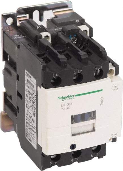Schneider Electric - 3 Pole, 200 Coil VAC at 60 Hz, 65 Amp at 440 VAC and 80 Amp at 440 VAC, Nonreversible IEC Contactor - 1 Phase hp: 10 at 230/240 VAC, 5 at 115 VAC, 3 Phase hp: 20 at 200/208 VAC, 20 at 230/240 VAC, 50 at 460/480 VAC, 50 at 575/600 VAC - Exact Industrial Supply