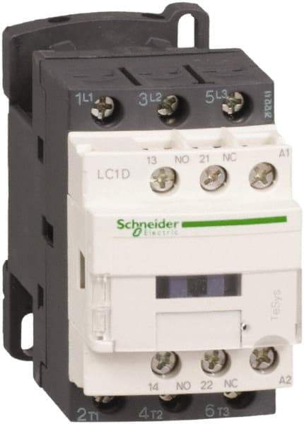 Schneider Electric - 3 Pole, 12 Coil VDC, 25 Amp at 440 VAC and 40 Amp at 440 VAC, Nonreversible IEC Contactor - 1 Phase hp: 2 at 115 VAC, 3 at 230/240 VAC, 3 Phase hp: 15 at 460/480 VAC, 20 at 575/600 VAC, 5 at 200/208 VAC, 7.5 at 230/240 VAC - Exact Industrial Supply