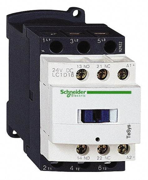 Schneider Electric - 3 Pole, 24 Coil VDC, 18 Amp at 440 VAC and 32 Amp at 440 VAC, Nonreversible IEC Contactor - 1 Phase hp: 1 at 115 VAC, 3 at 230/240 VAC, 3 Phase hp: 10 at 460/480 VAC, 15 at 575/600 VAC, 5 at 200/208 VAC, 5 at 230/240 VAC - Exact Industrial Supply