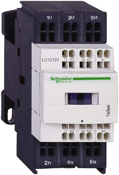 Schneider Electric - 3 Pole, 24 Coil VDC, 12 Amp at 440 VAC and 16 Amp at 440 VAC, Nonreversible IEC Contactor - 1 Phase hp: 1 at 115 VAC, 2 at 230/240 VAC, 3 Phase hp: 10 at 575/600 VAC, 3 at 200/208 VAC, 3 at 230/240 VAC, 7.5 at 460/480 VAC - Exact Industrial Supply
